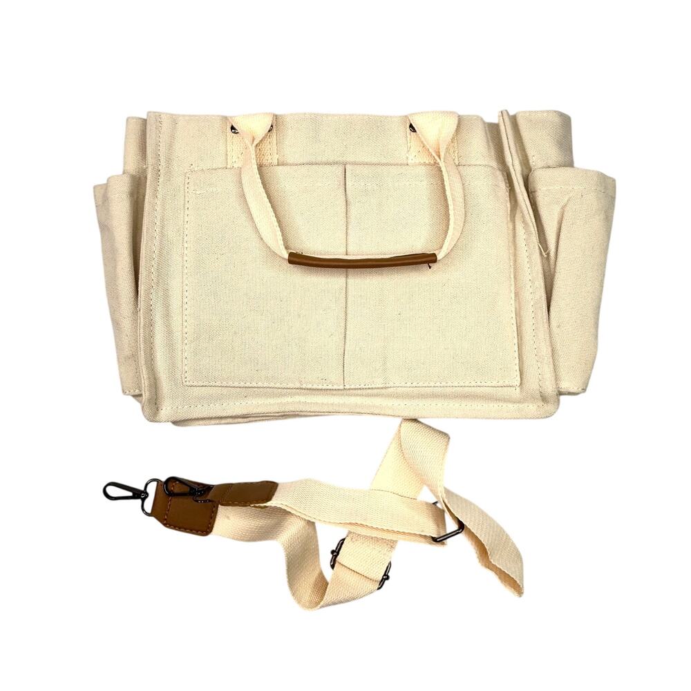 Beige Canvas Multi Pocket Crossbody Tote Bag